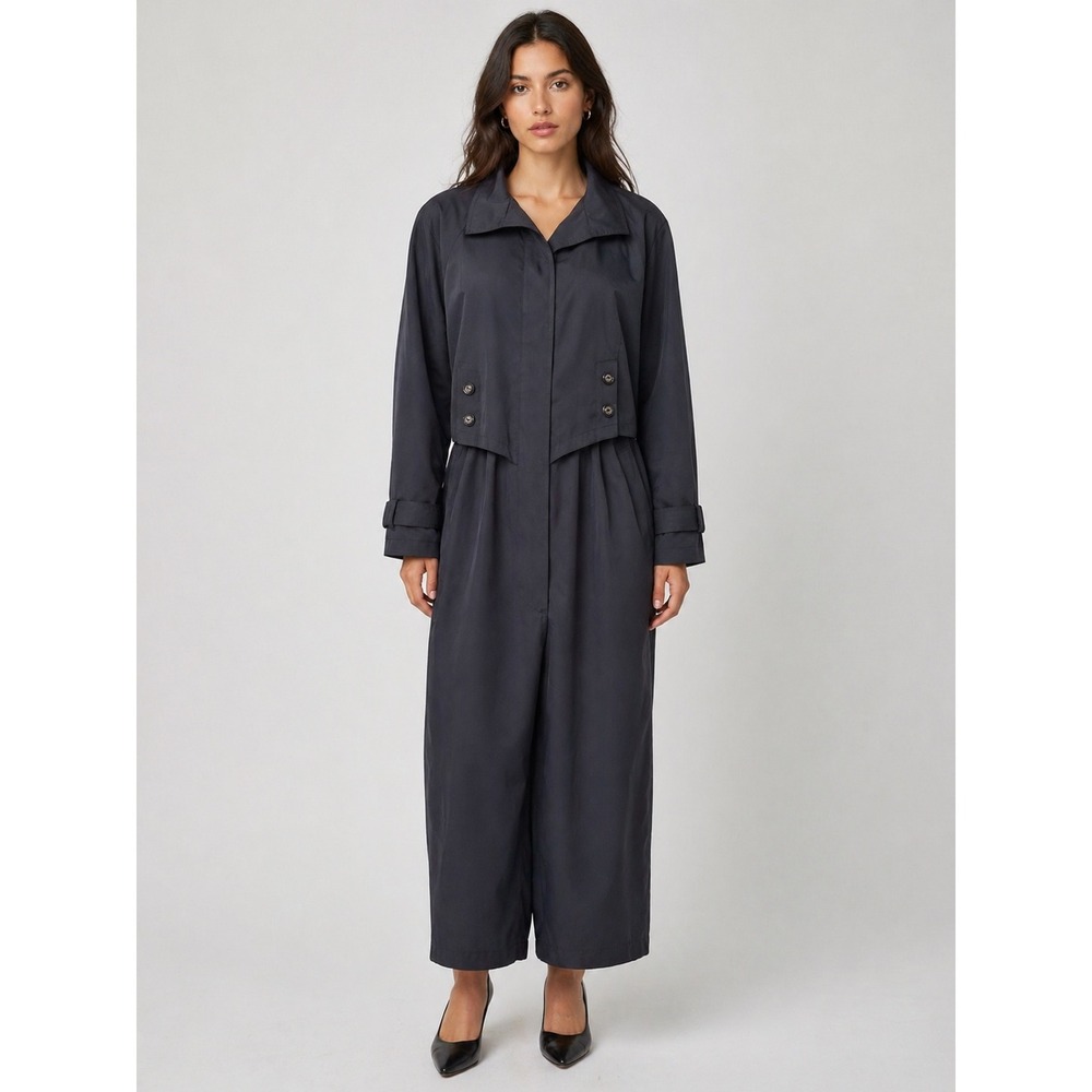 Fleet Street 90s Black Long Trench Coat‎ Duster Womens 12 Minimalist Classic